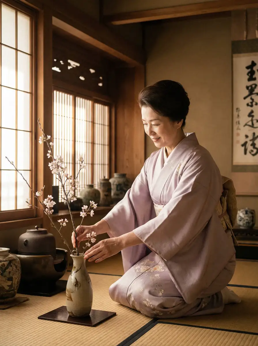 一位优雅的 日本伦理 在和室中插花