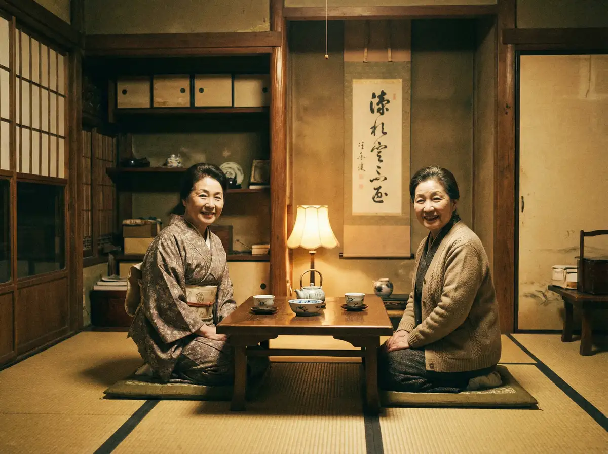 两位优雅的 日本伦理 在日式茶室中品茶交谈